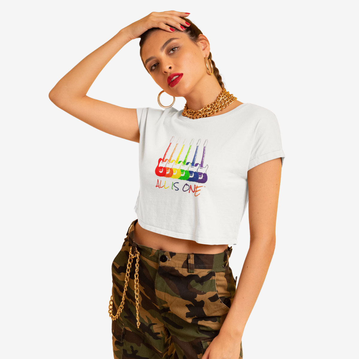 Retro Cropped Top Tee with Rainbow Guitars All Is One Design image number 3